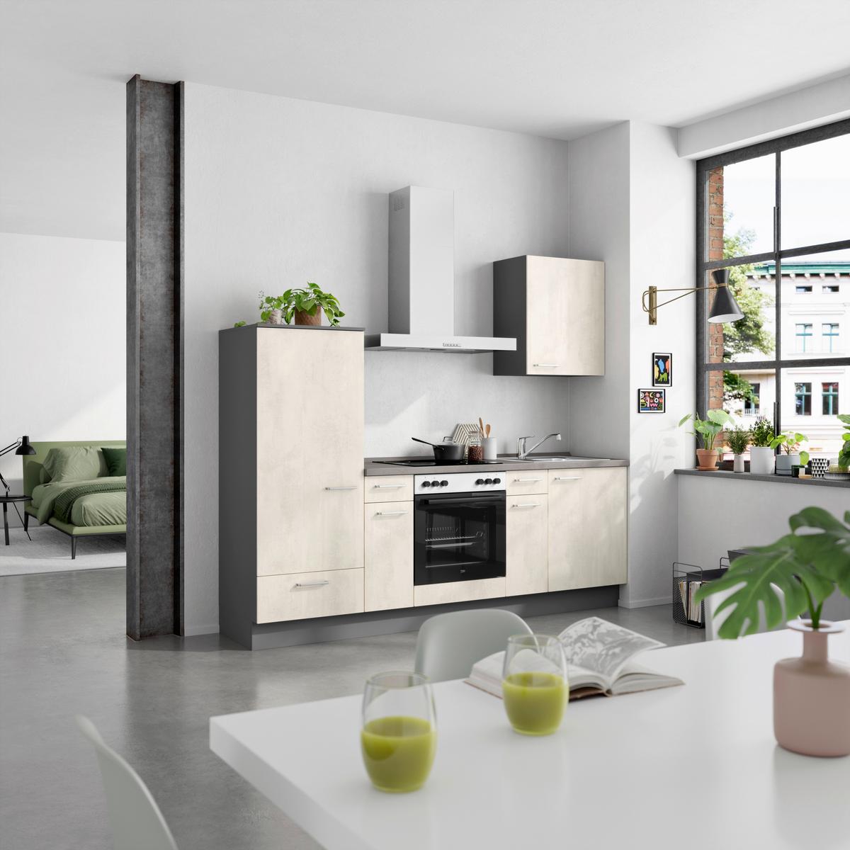 Küchenblock Riva Low m. Geräten Weiß - Schieferfarben/Edelstahlfarben, MODERN, Holzwerkstoff/Metall (240cm) - Nobilia
