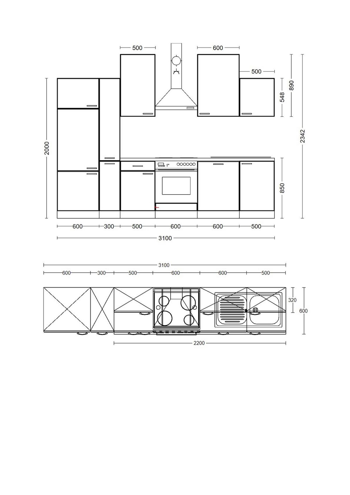 Küchenblock in Weiss inkl. Geräte und Spüle 'Wito' - Edelstahlfarben/Hellgrau, MODERN, Holzwerkstoff/Kunststoff (310cm) - FlexWell
