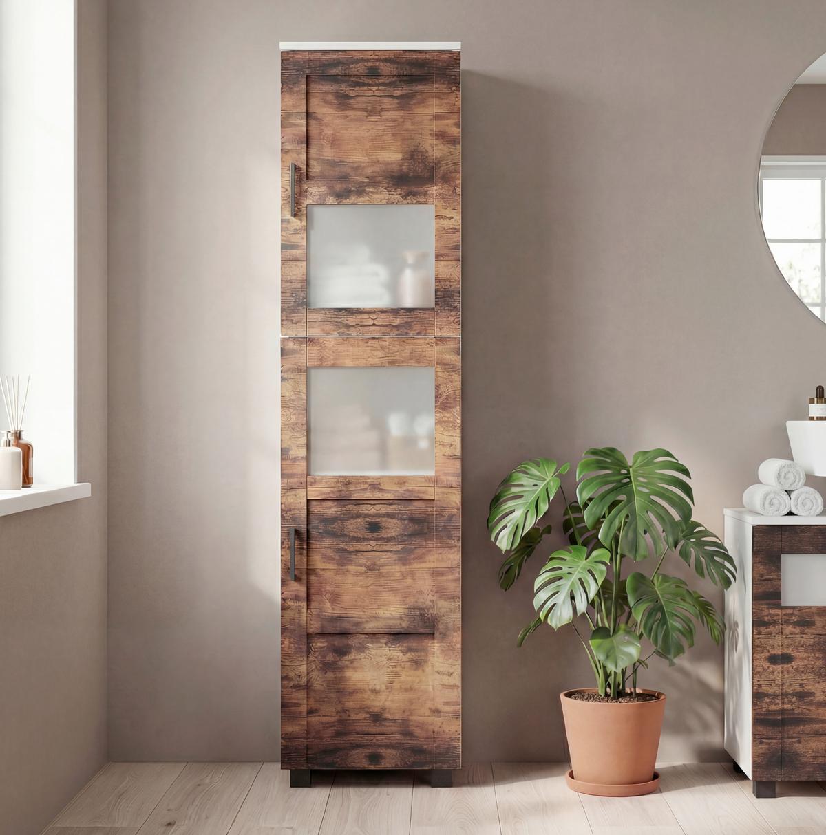 Hochschrank Nilari - Weiss/Eichefarben, Trend, Glas/Holzwerkstoff (38/165/28cm) - MID.YOU