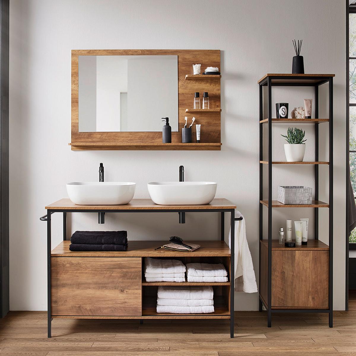 Badezimmer Dell Braun mit 2 Waschbecken - Schwarz/Naturfarben, MODERN, Keramik/Holzwerkstoff (120/85/50cm) - Bessagi Home