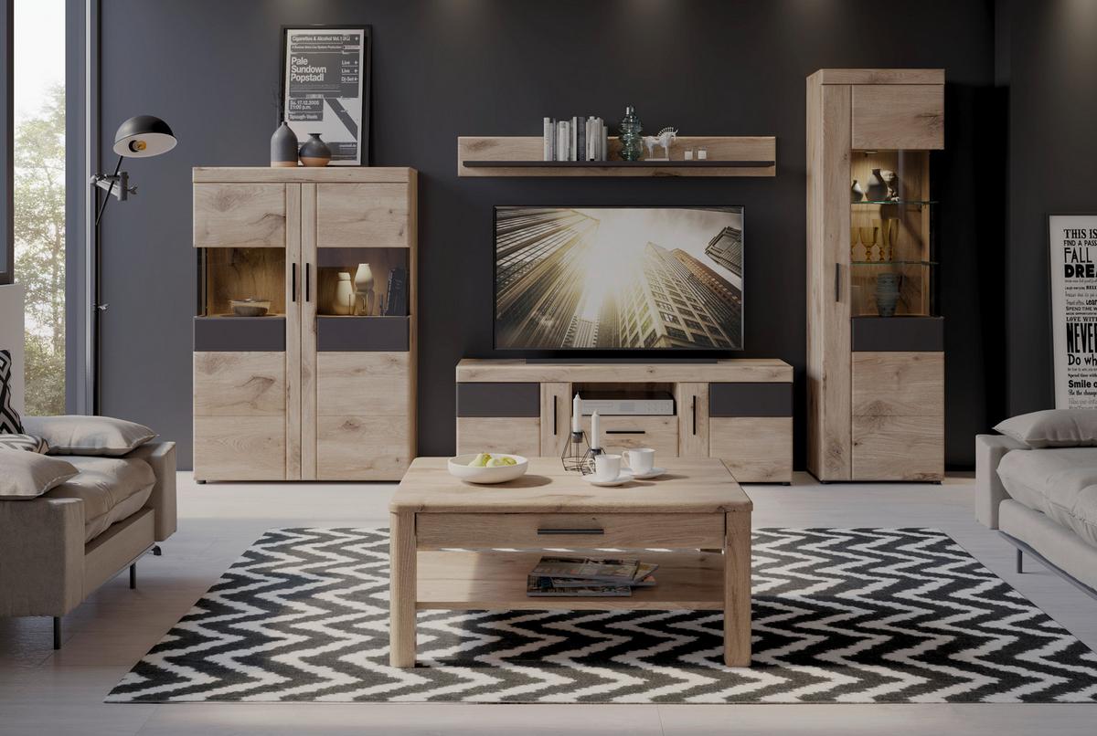 Vitrina Grano - boje hrasta/tamno siva, Trend, staklo/drvni materijal (58/195/37,4cm) - Modern Living