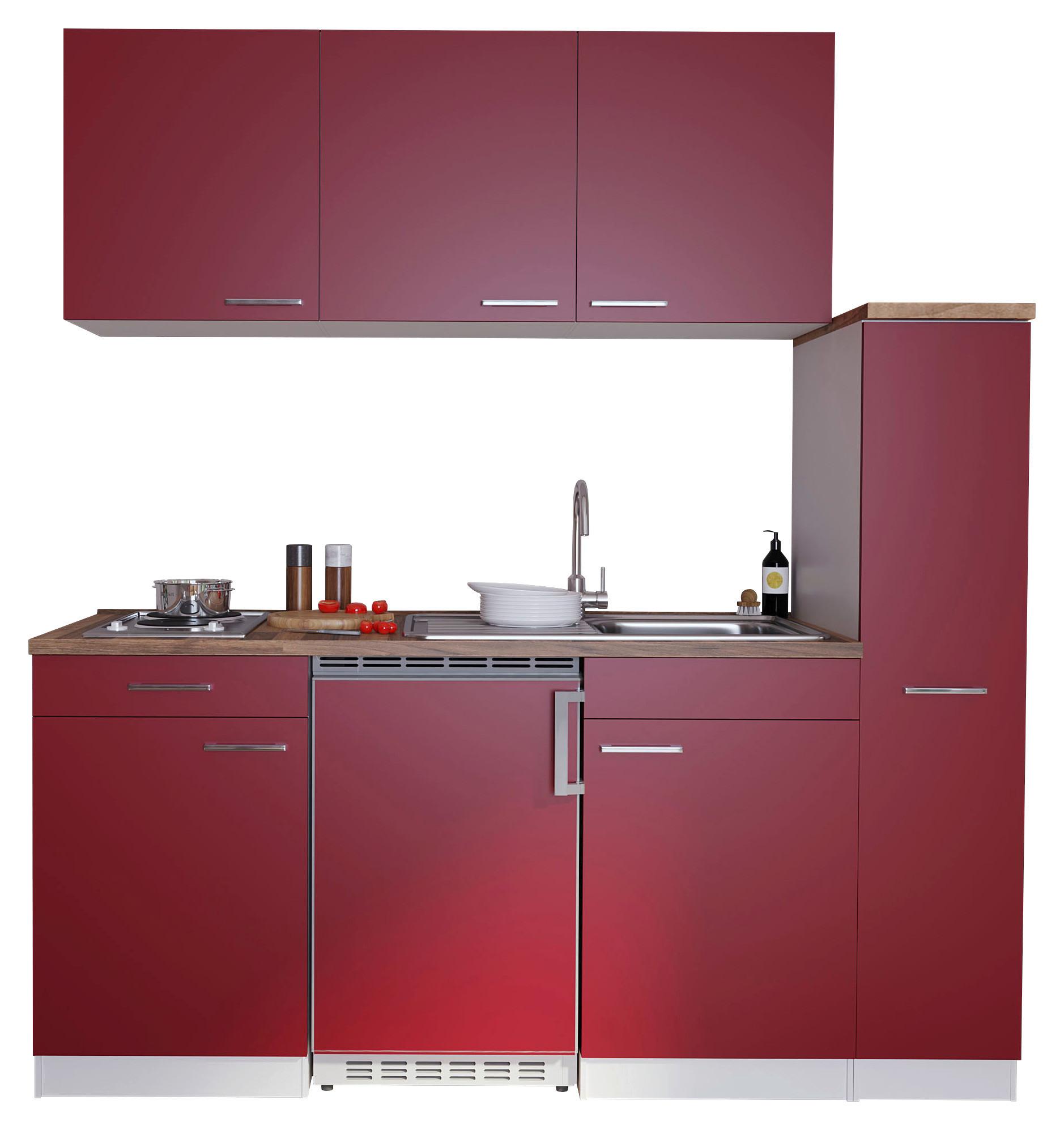 Küchenzeile Economy m. Geräte Rot B: ca. 180 cm - Rot/Nussbaumfarben, Basics, Holzwerkstoff/Kunststoff (180cm) - Respekta