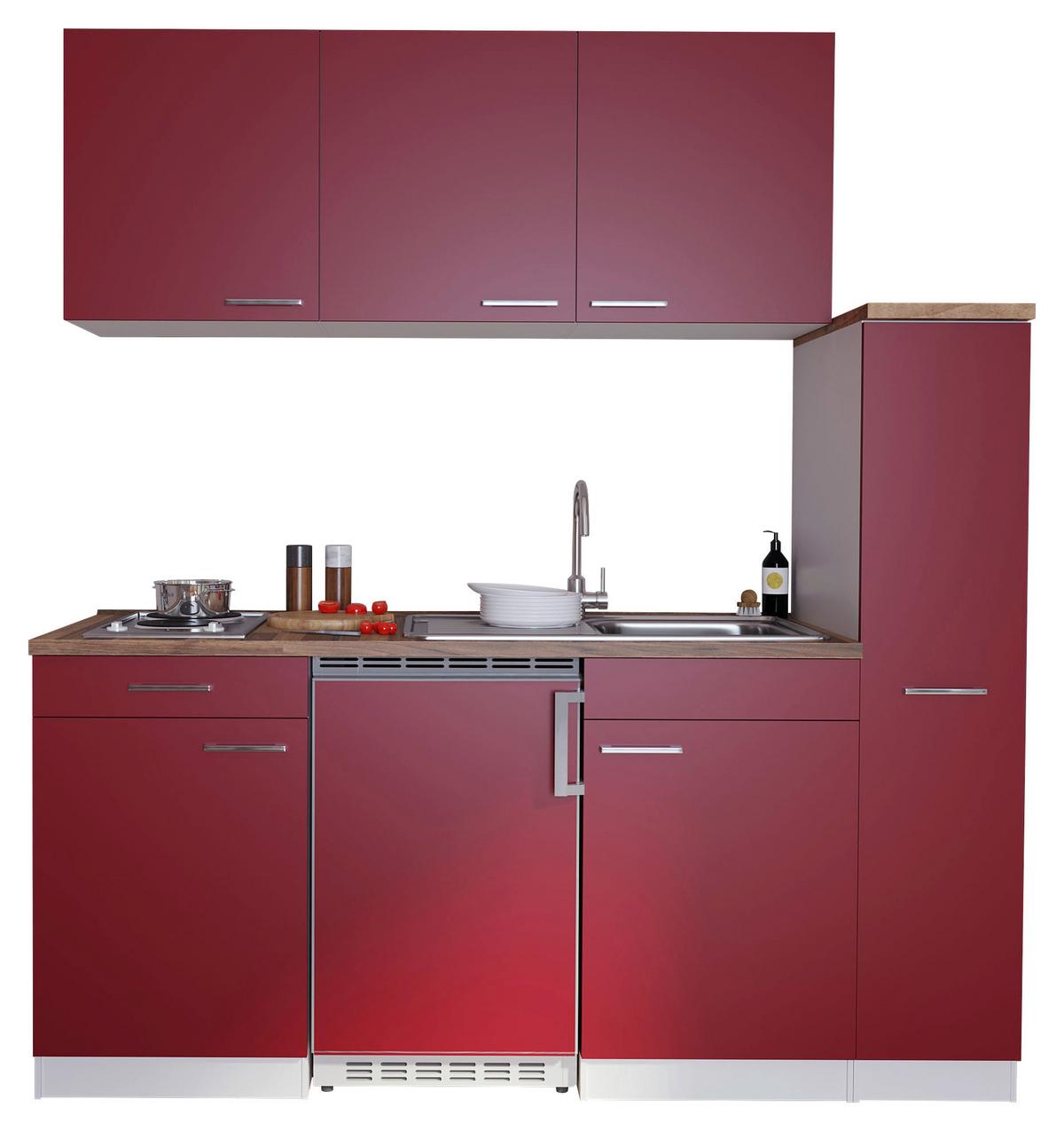 Küchenzeile Economy m. Geräte Rot B: ca. 180 cm - Rot/Nussbaumfarben, Basics, Holzwerkstoff/Kunststoff (180cm) - Respekta