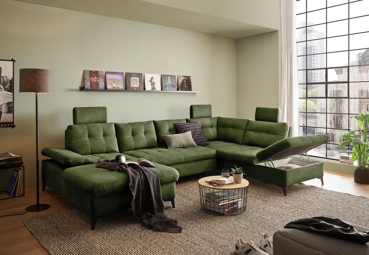 Wohnlandschaft Durban U ca. 170x324x218 cm Olivgrün - Schwarz/Olivgrün, KONVENTIONELL, Kunststoff/Textil (170/324/218cm) - MID.YOU