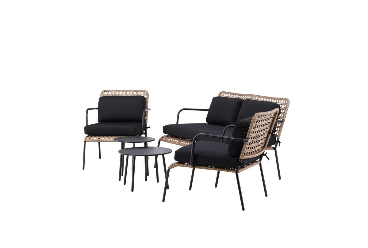 Loungegarnitur Paola 5-tlg. Rattan geflecht - Dunkelgrau/Schwarz, KONVENTIONELL, Naturmaterialien/Holz - Gardenson