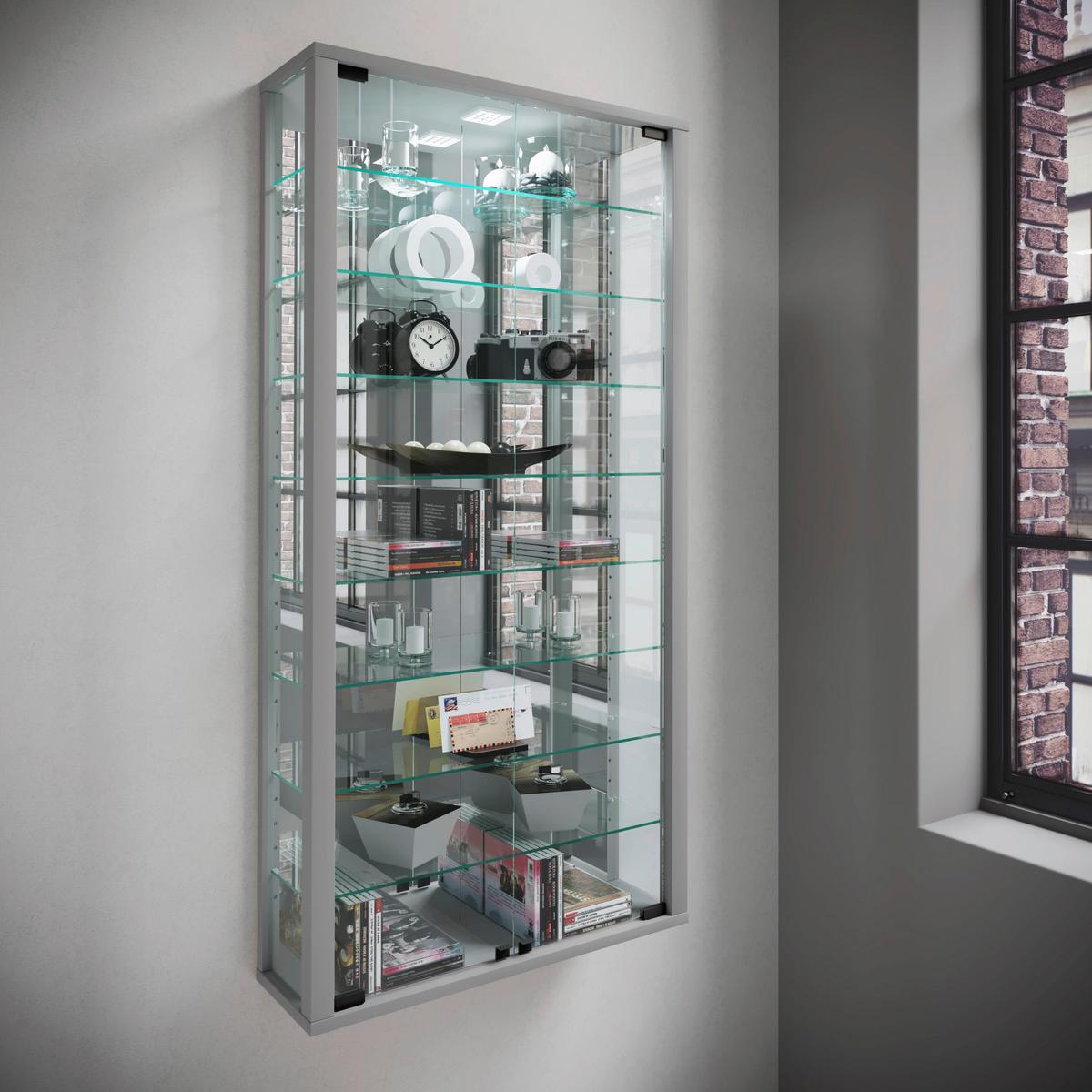 Hängevitrine Vitrosa ca. 59x114x18 cm Silberfarben - Silberfarben/Schwarz, MODERN, Glas/Holzwerkstoff (59/114,3/18cm) - MID.YOU