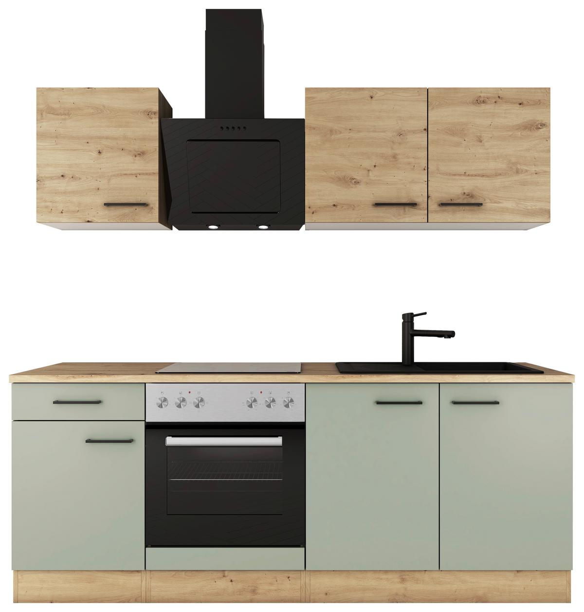 Küchenblock Cara mit Geräten ca. 210 cm Grün/Eiche - Schilfgrün/Schwarz, Basics, Holzwerkstoff/Metall (210cm) - FlexWell