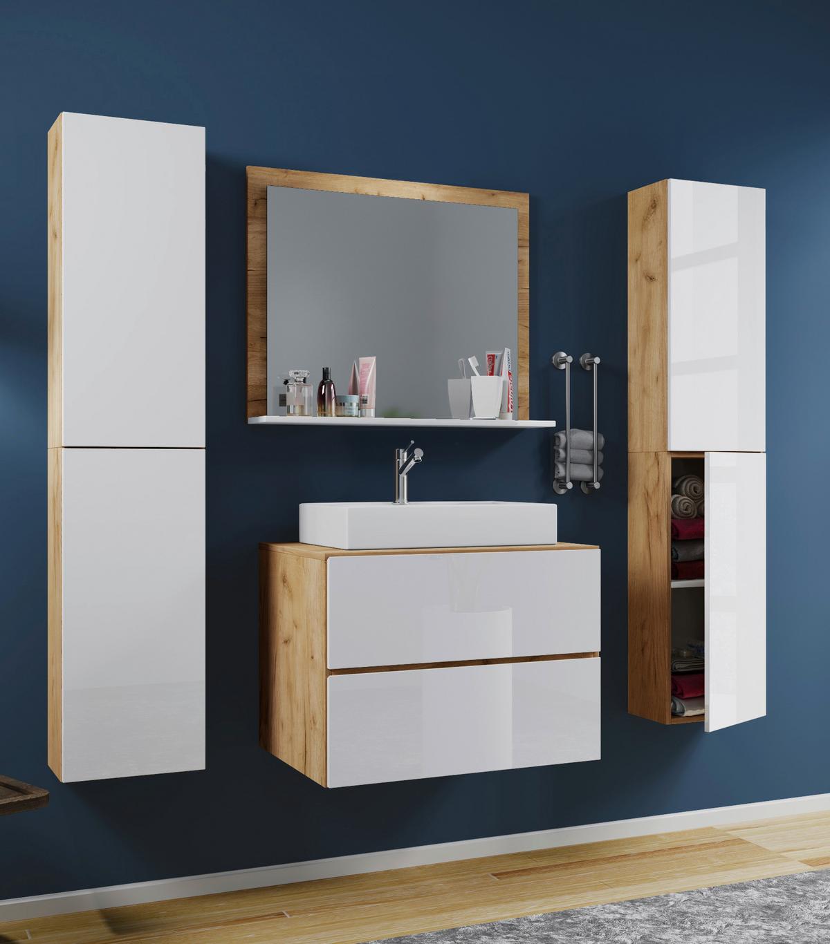 Badezimmer Lendas 5-tlg. ca. 147 cm Weiß/Honigeiche - Honigeiche/Weiß, MODERN, Keramik/Holzwerkstoff (147cm) - MID.YOU