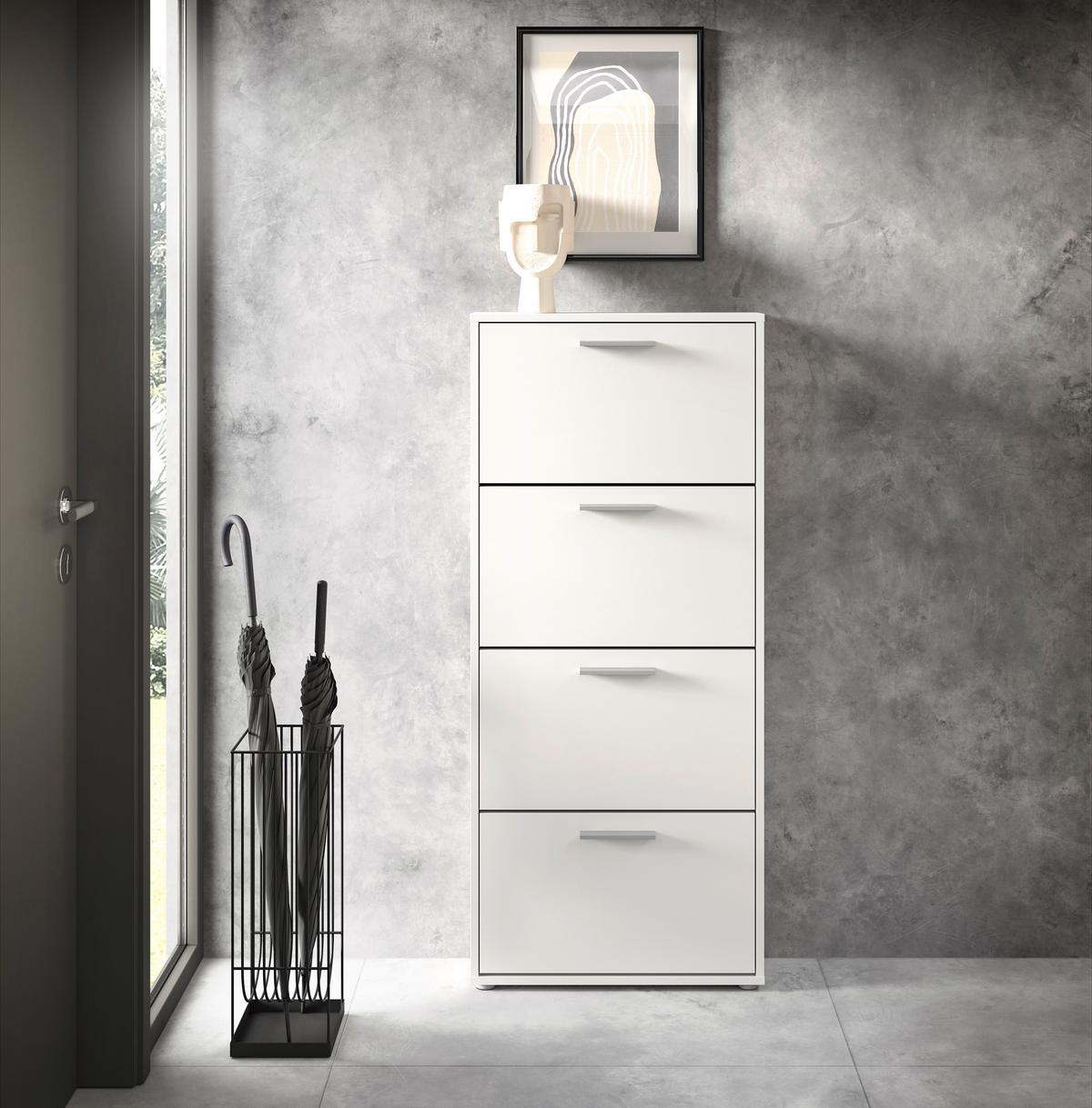 SZAFKA UCHYLNA NA BUTY SAM - kolor srebrny/biały, Design, materiał drewnopochodny/tworzywo sztuczne (59/136/17cm) - Carryhome