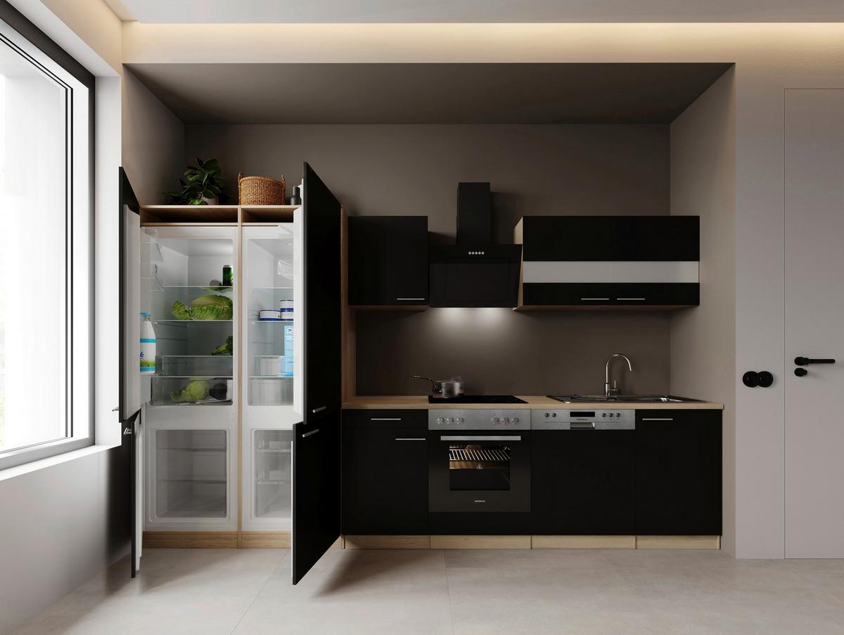 Küchenblock Merle m. Geräten Schwarz - Edelstahlfarben/Eichefarben, Trend, Holzwerkstoff/Metall (340cm) - Respekta