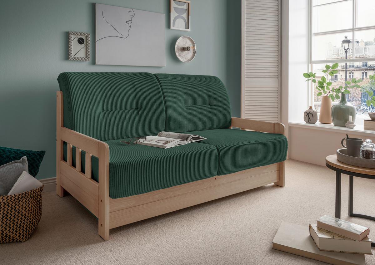Schlafsofa Camino Holzkorpus Natur/Dunkelgrün - Dunkelgrün/Naturfarben, MODERN, Holz/Textil (154/88/90cm) - Livetastic