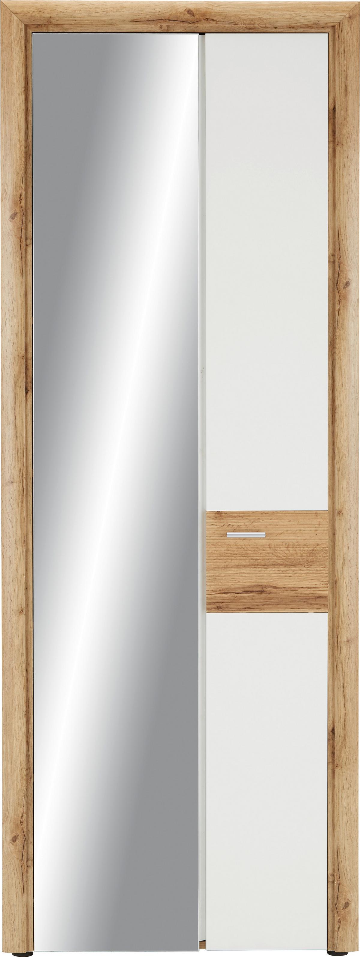 Garderobna Omara Ronny, Bela, Barva Hrasta, Ogledalo - srebrne barve/barve hrasta, Konvencionalno (75/201/38cm) - Premium Living