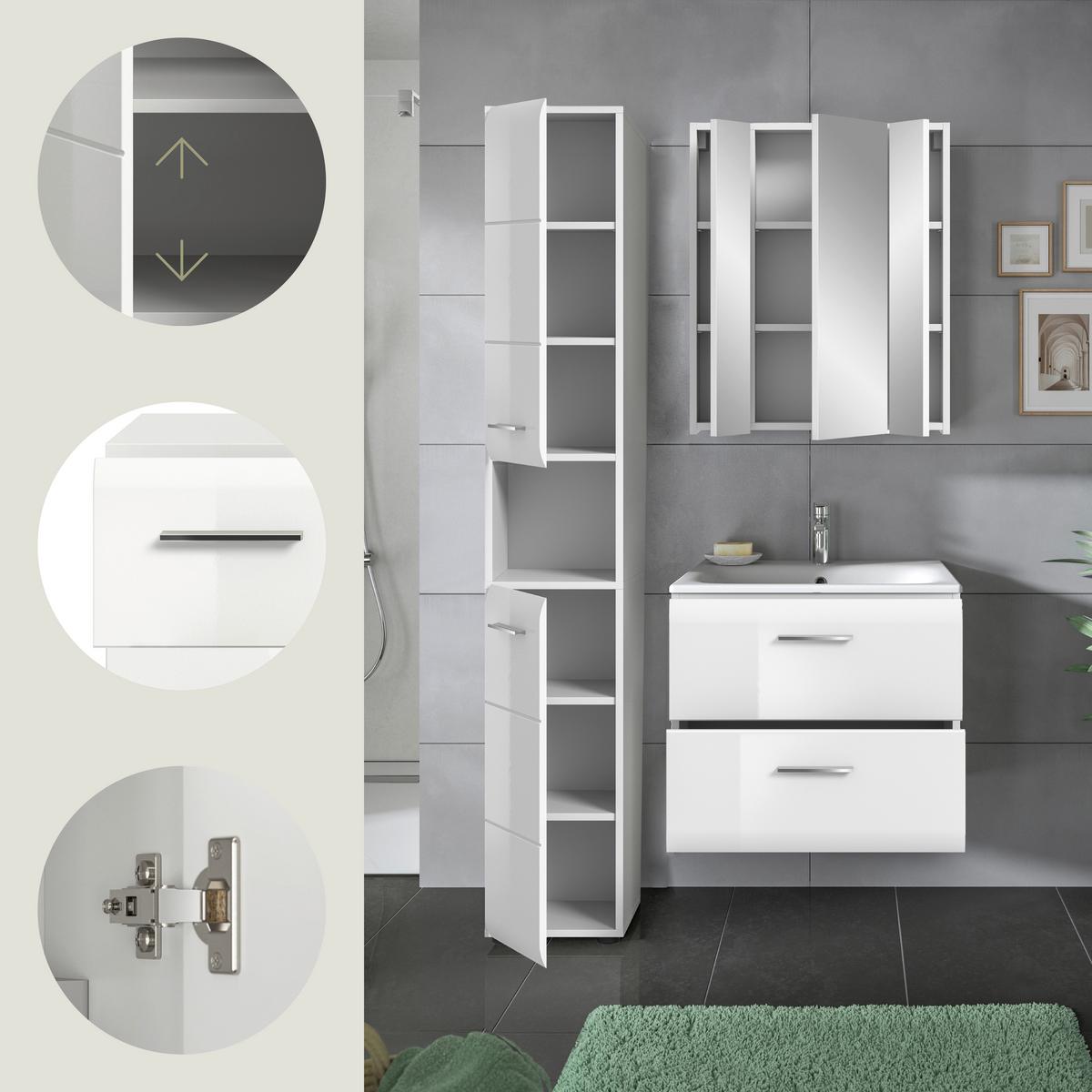 Badezimmer Ice 3-tlg. ca. 90 cm Weiß - Weiß Hochglanz/Silberfarben, MODERN, Keramik/Holzwerkstoff (90cm) - MID.YOU