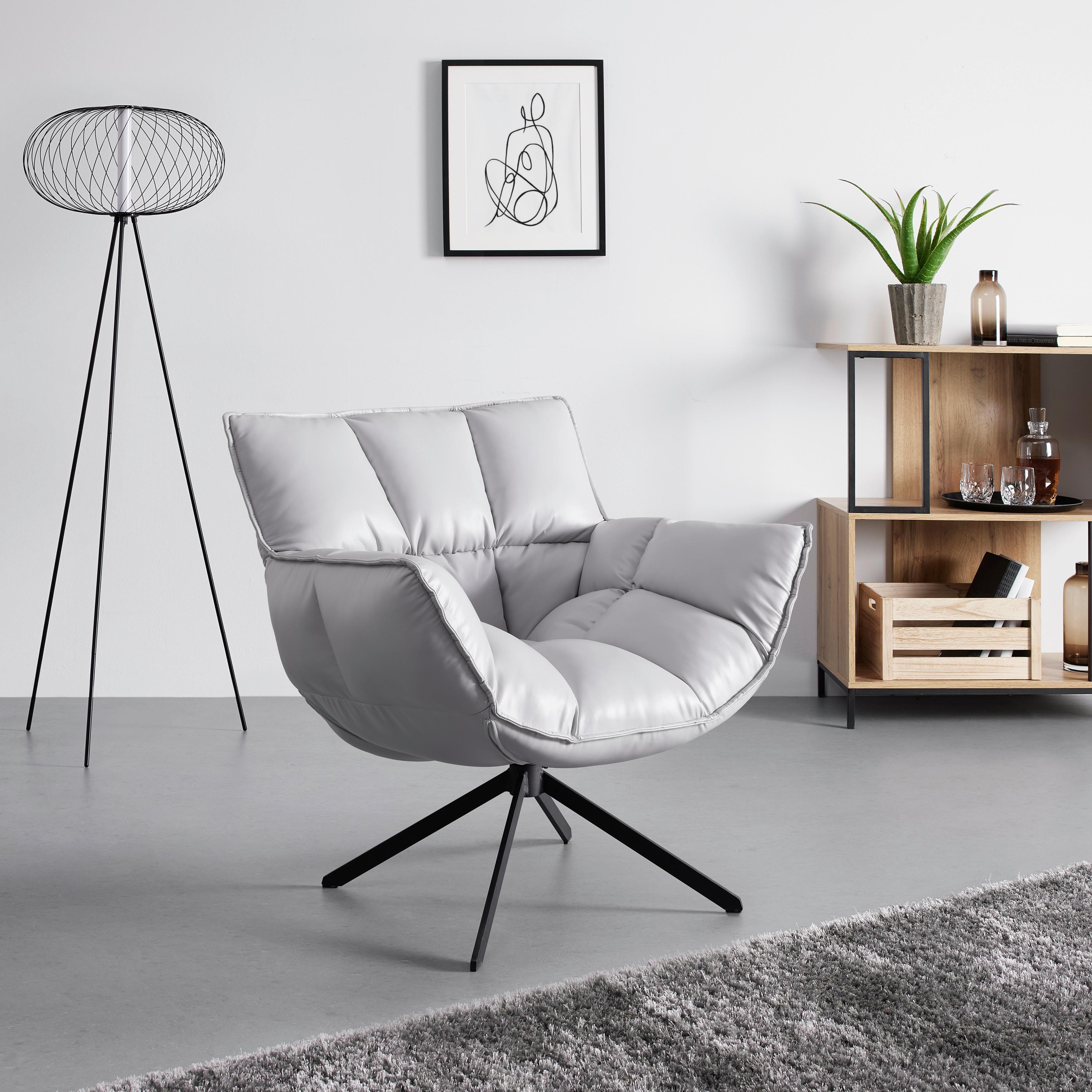 Sessel, hellgrau, "Liam", Leder - Hellgrau/Schwarz, MODERN, Textil/Metall (81/83/78cm) - Bessagi Home