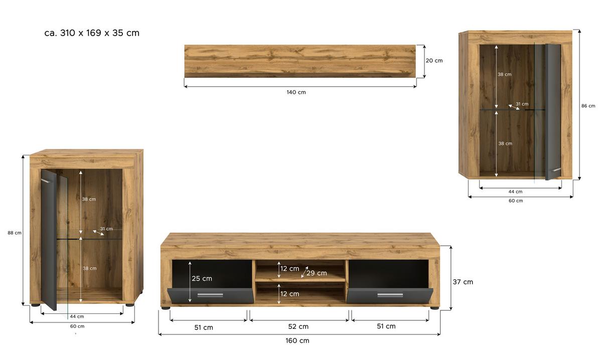 ANSAMBLU MOBILIER CAMERA DE Z JAM - stejar Wotan, Design, sticlă/material pe bază de lemn (310/169/35cm) - Modern Living