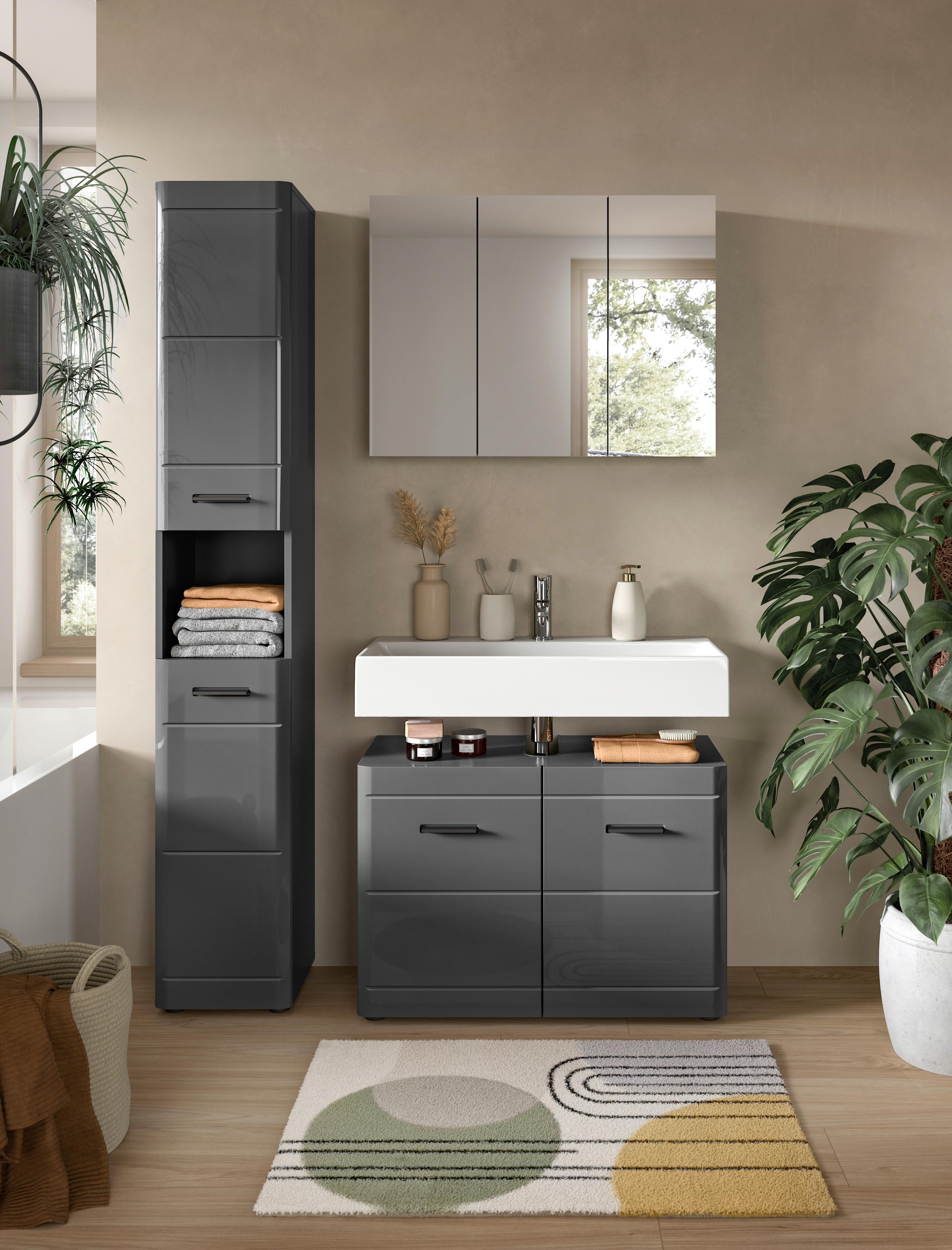 Waschbeckenunterschrank Soft ca. 80x56 cm Grau hochglanz - Grau Hochglanz/Schwarz, MODERN, Holzwerkstoff/Kunststoff (80/56/34cm) - MID.YOU