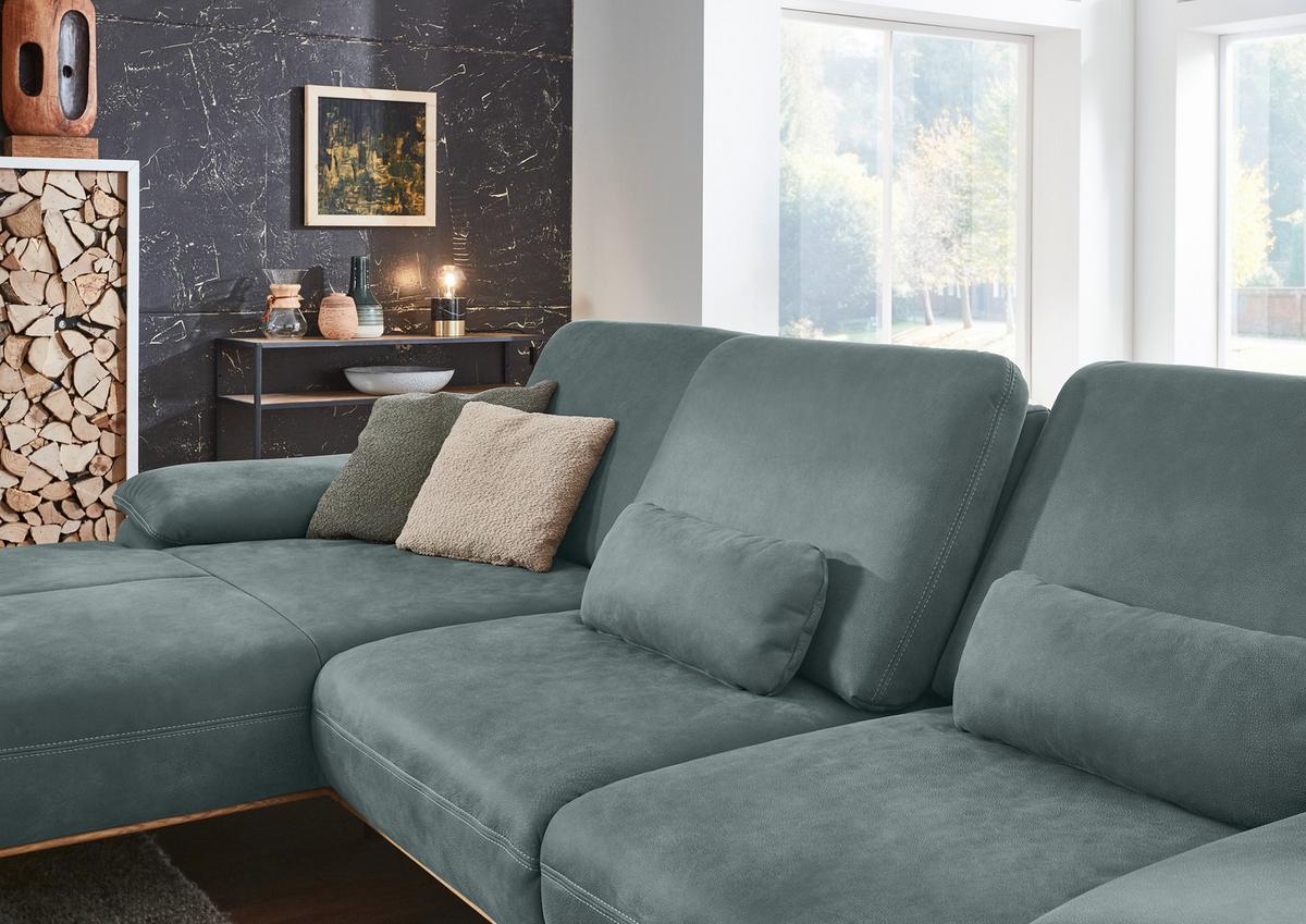 Wohnlandschaft Erling Grün - Beige/Schwarz, MODERN, Leder/Metall (187/89/322cm) - Premium Living