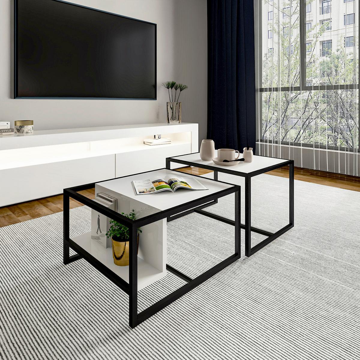 COUCHTISCHSET BATI COUCHTISCH - Weiss/Schwarz, Design, Holzwerkstoff/Metall - Livetastic