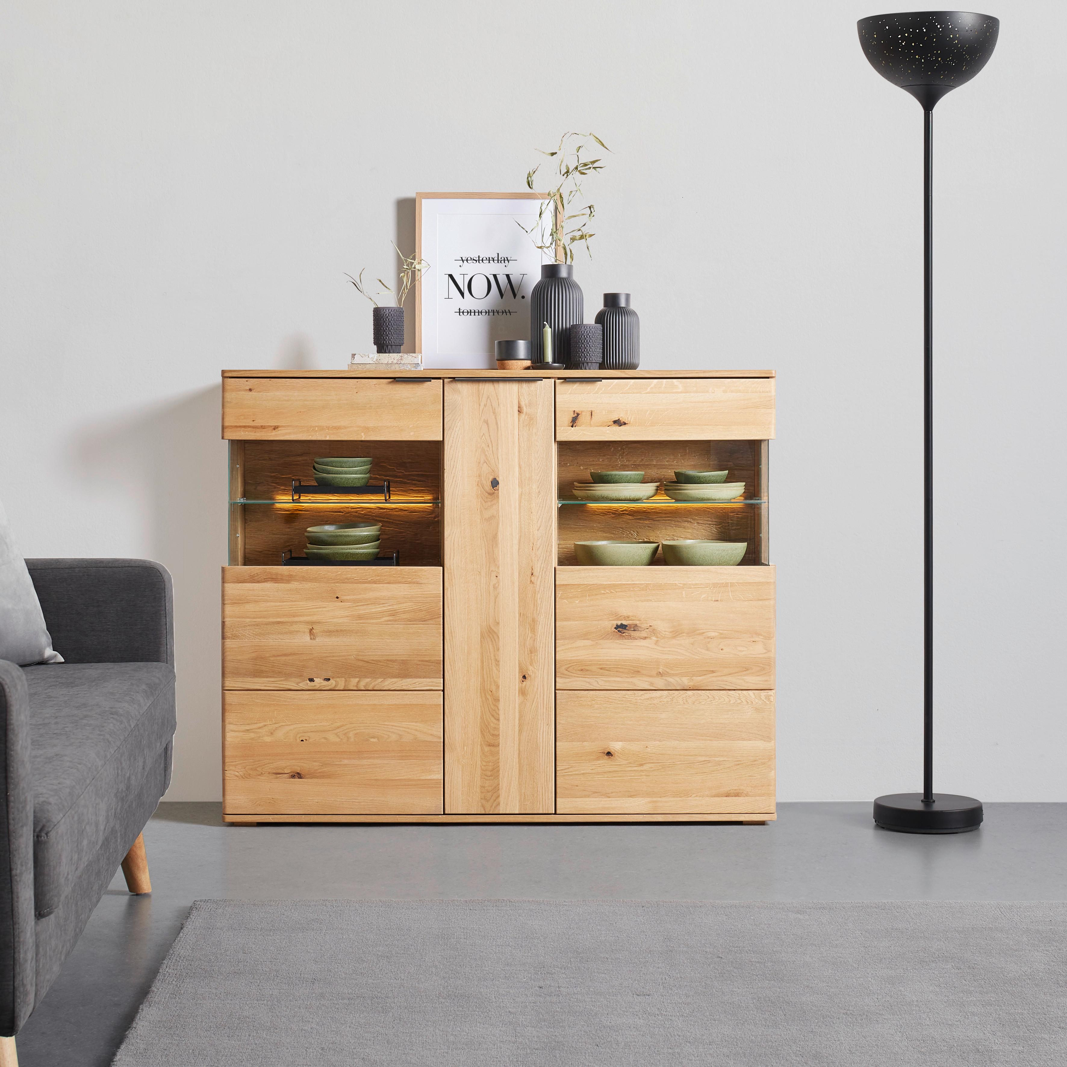 Highboard Valera in Wildeiche - Wildeiche/Schwarz, KONVENTIONELL, Glas/Holz (150/123/37cm) - Premium Living
