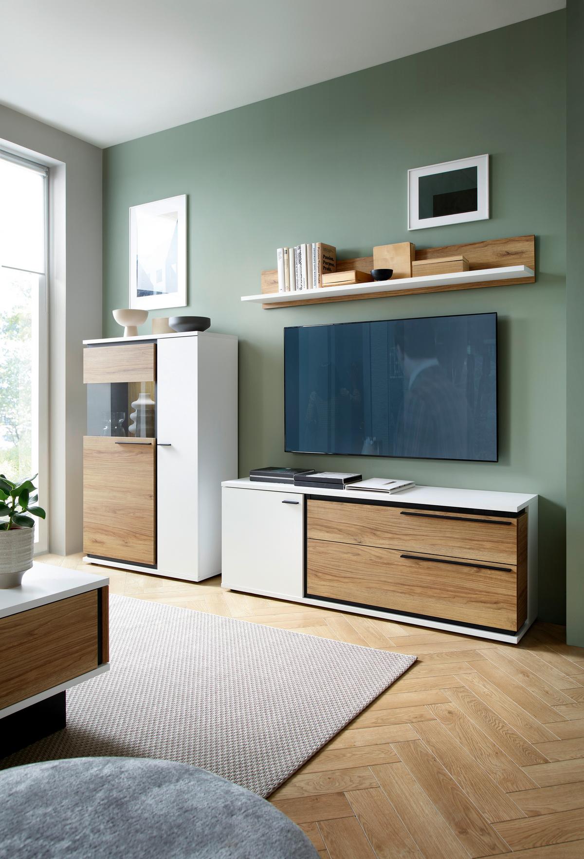 Comodă TV SALINAS - alb/culoare lemn stejar, Trend, material pe bază de lemn (152,7/57,9/40cm) - Modern Living