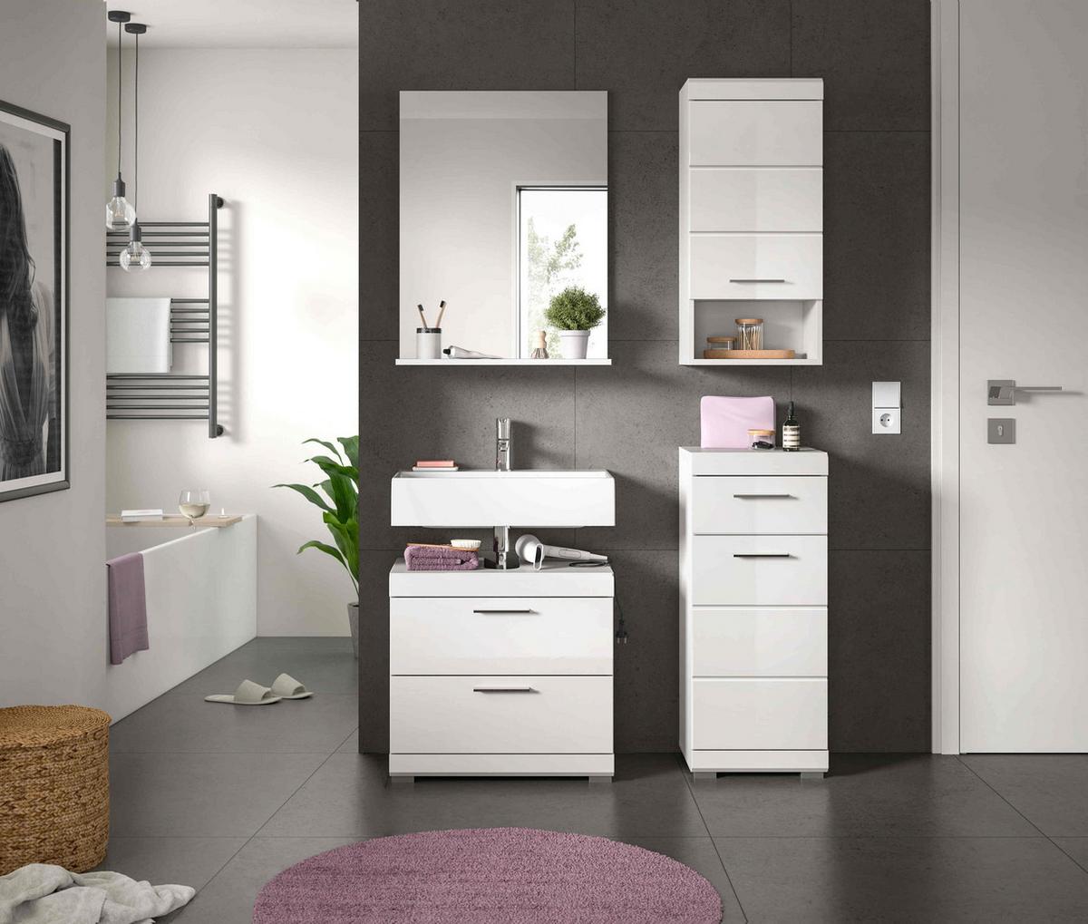 Badezimmer SCOUT 5-teilig Weiß Hochglanz - Weiß Hochglanz/Silberfarben, MODERN, Glas/Holzwerkstoff (134cm) - MID.YOU