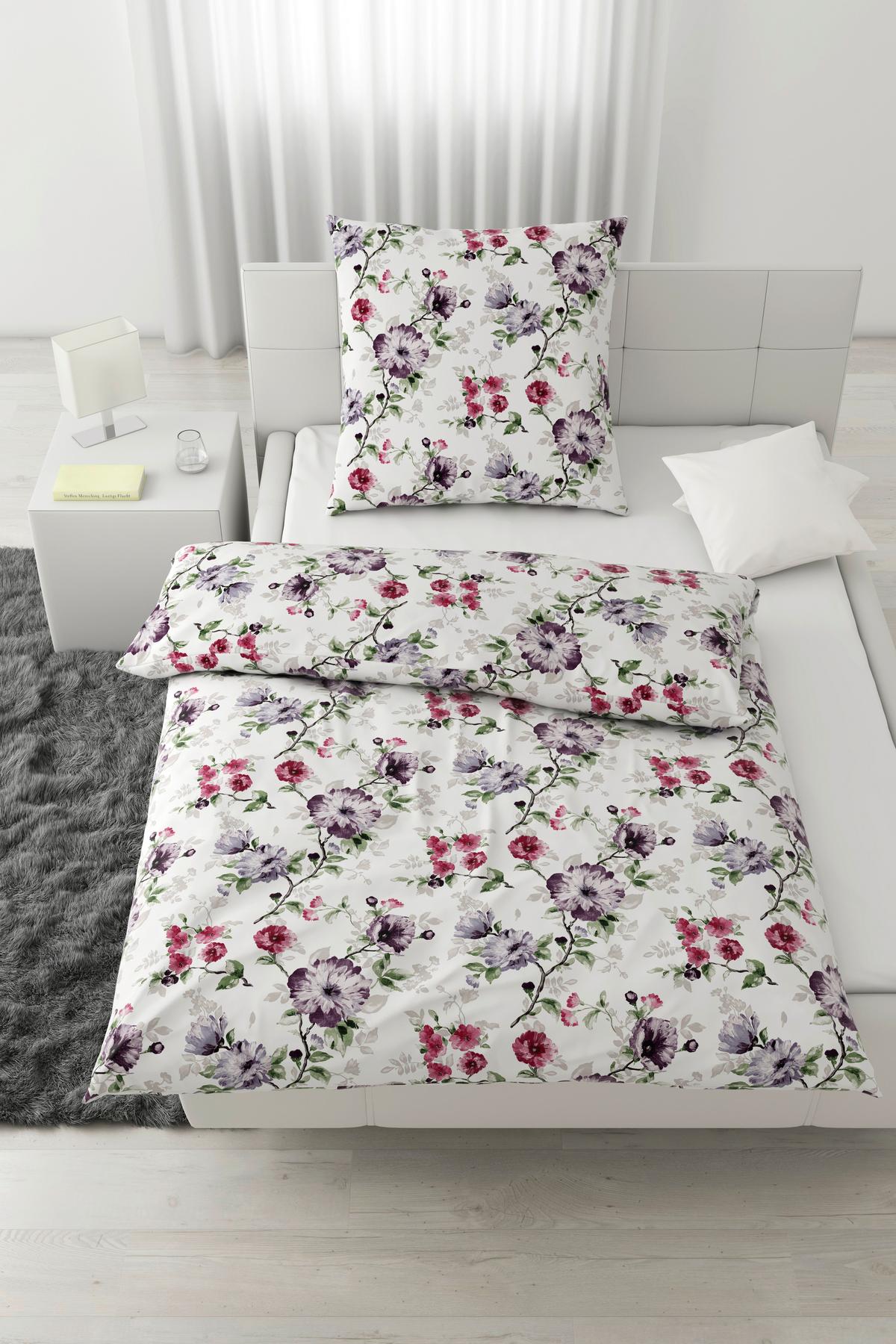 Bettwäsche Bio-Sophia Design Grün/Lila/Weiß ca. 135x200cm - Lila/Weiß, Natur, Textil (135/200cm) - ecoTree