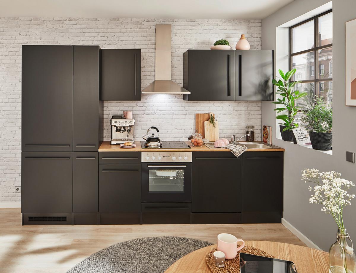 Küchenblock Jazz mit Geräten ca.310cm Schwarz - Eichefarben/Schwarz, LIFESTYLE, Holzwerkstoff/Kunststoff (310cm) - P & B