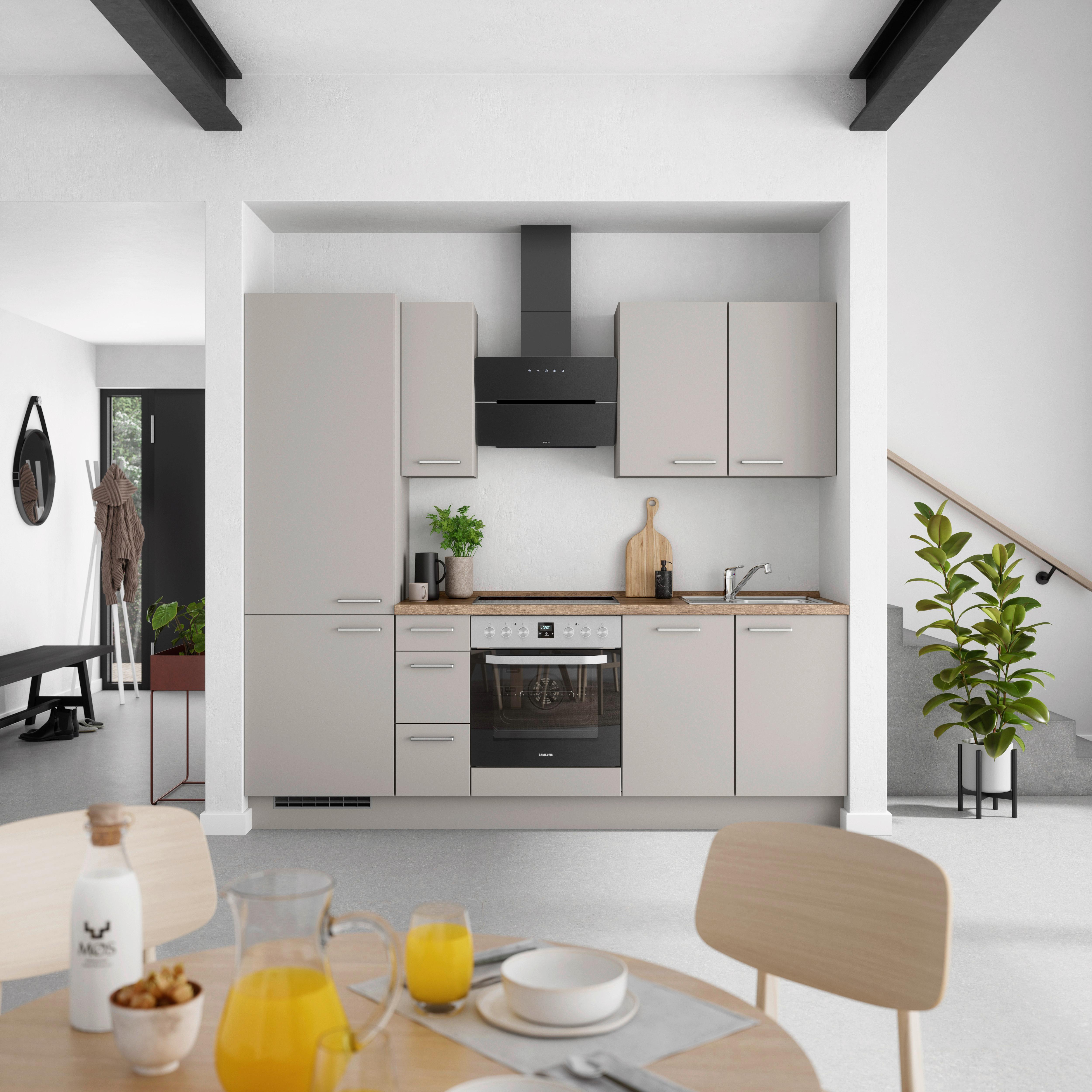 Küchenblock Touch High m. Geräten Grau - Eiche dunkel/Edelstahlfarben, MODERN, Holzwerkstoff/Metall (240cm) - Nobilia