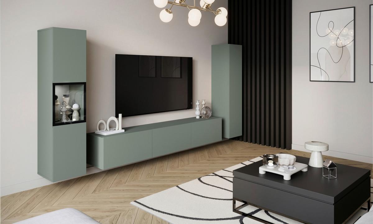 Ansamblu mobilier cameră de zi BERLIN - verde salvie, Design, sticlă/material pe bază de lemn (240/130/31cm) - P & B