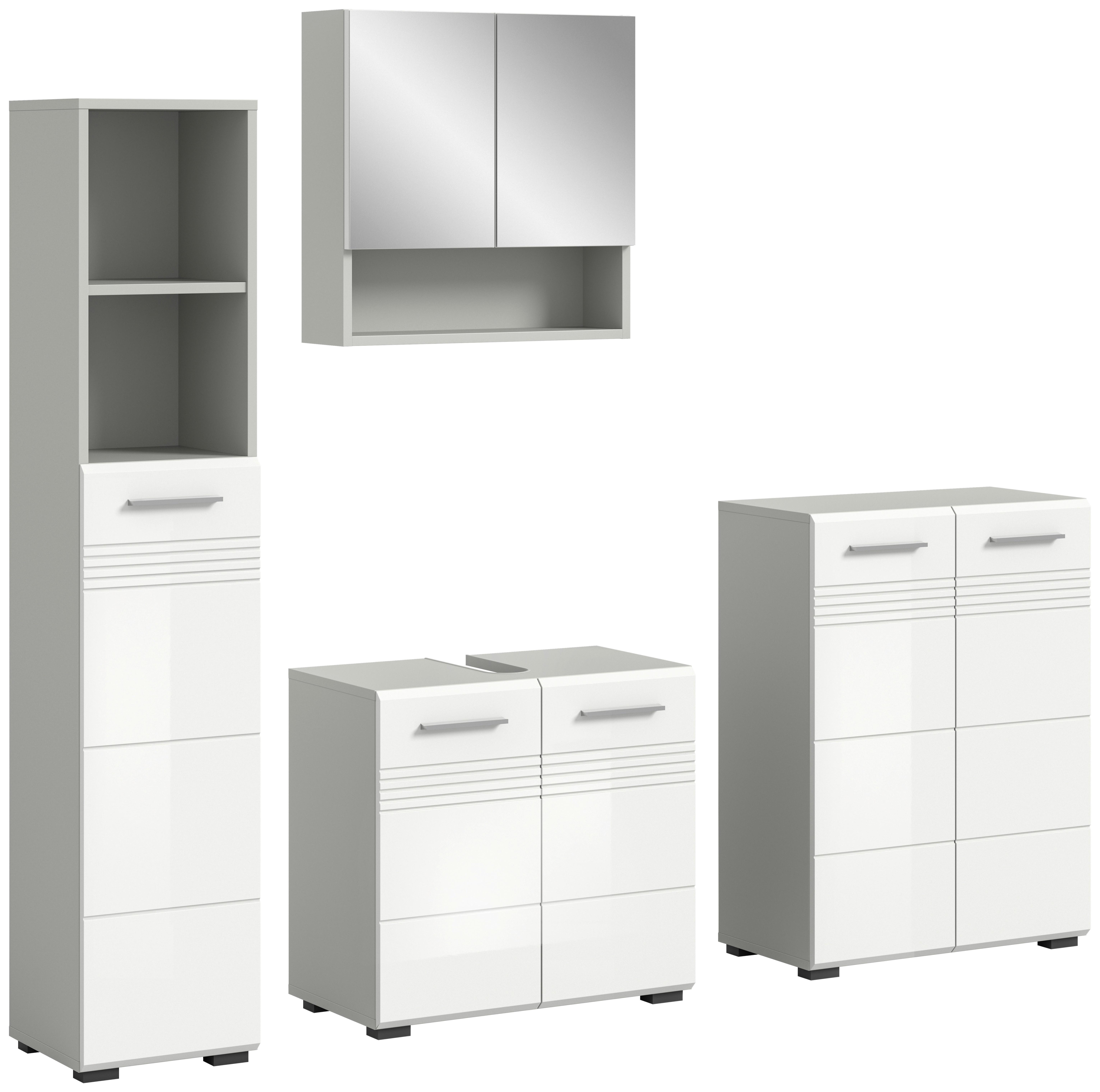 Badezimmer-Set COPA 4-teilg, Grau/Weiß Hochglanz - Chromfarben/Weiß Hochglanz, MODERN, Holzwerkstoff/Kunststoff (150cm) - MID.YOU