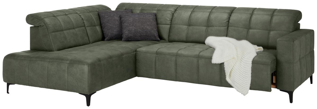 Ecksofa Panama links Olivgrün - Schwarz/Olivgrün, KONVENTIONELL, Textil/Metall (216/89-102/304cm) - Premium Living