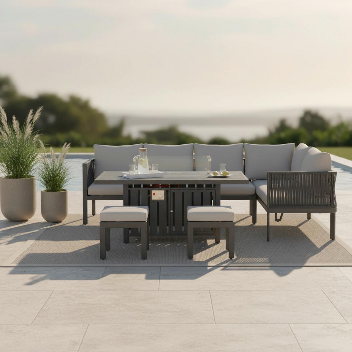 Dining-Loungeset Selena Grau Outdoorstoff/Metall +Abdeckung - Edelstahlfarben/Hellgrau, MODERN, Glas/Textil (258/66/72cm) - Bessagi Garden