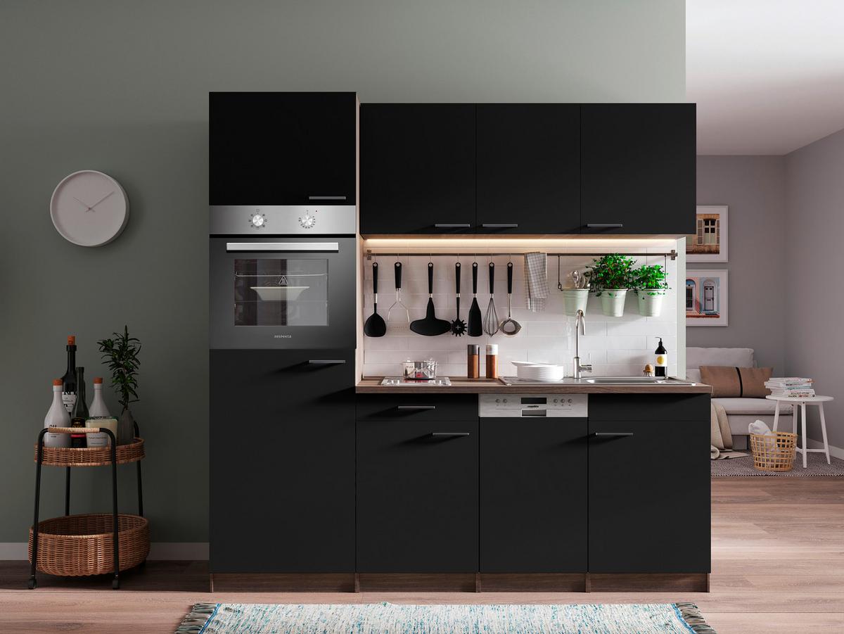Küchenblock Oliver mit Geräten ca. 205 cm Schwarz - Eichefarben/Schwarz, Basics, Holzwerkstoff/Kunststoff (205cm) - Respekta