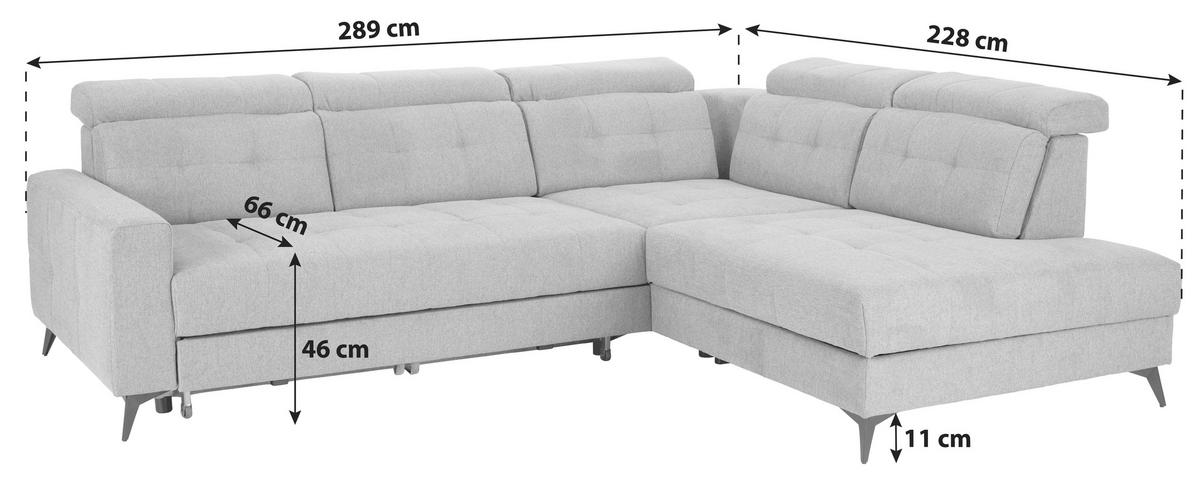 Sedežna Garnitura Barletta, Siva, Ležišče, Predal - črna, Moderno, kovina/tekstil (289/228cm) - Premium Living