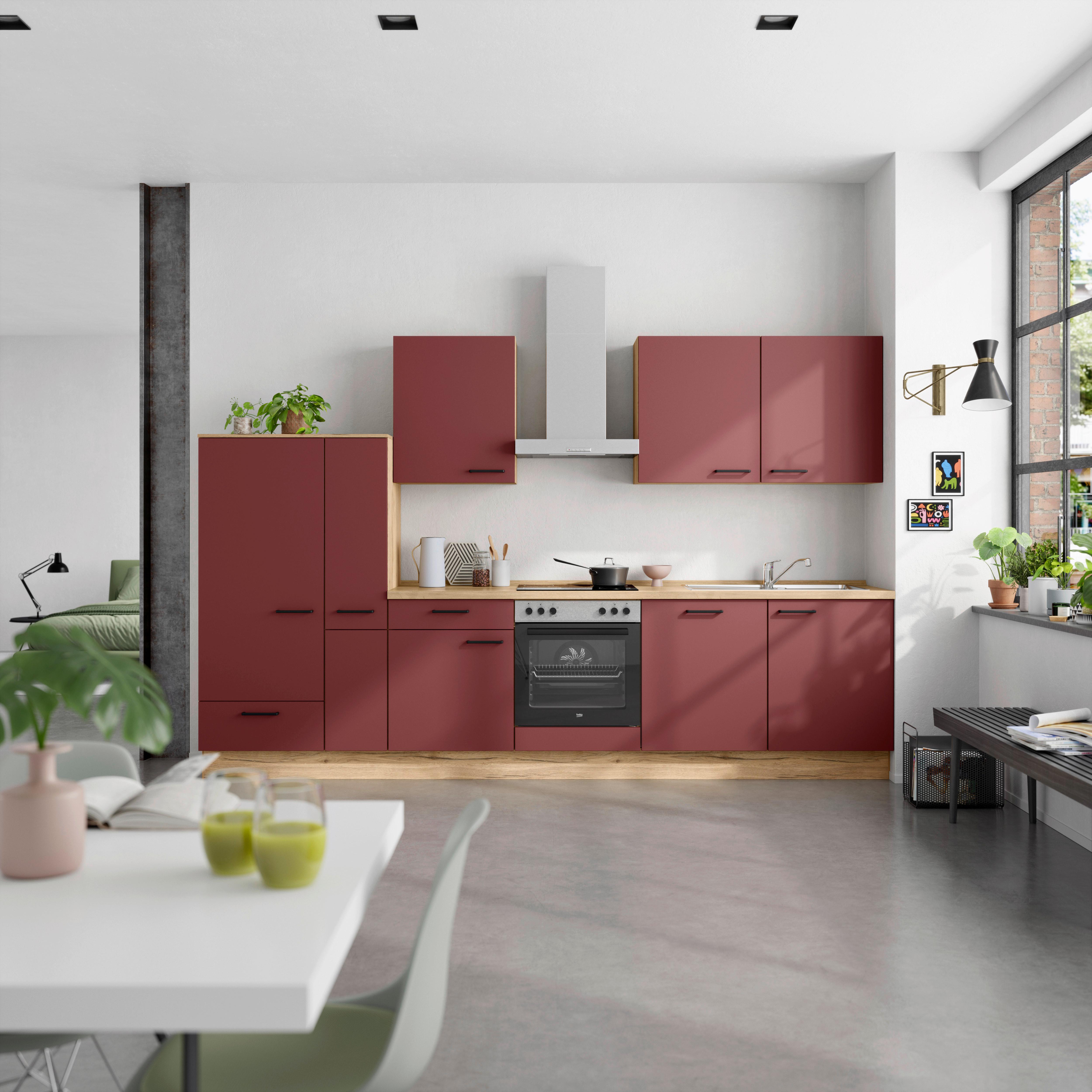 Küchenblock Easytouch Low m. Geräten Dunkelrot - Eichefarben/Schwarz, MODERN, Holzwerkstoff/Metall (330cm) - Nobilia
