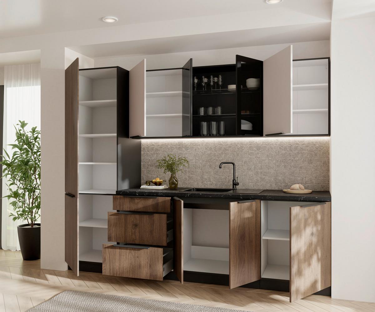 Blok Kuhinja Monza/arona - kašmir/boja orahovog drveta, Moderno, staklo/metal (260/210/60cm) - Modern Living