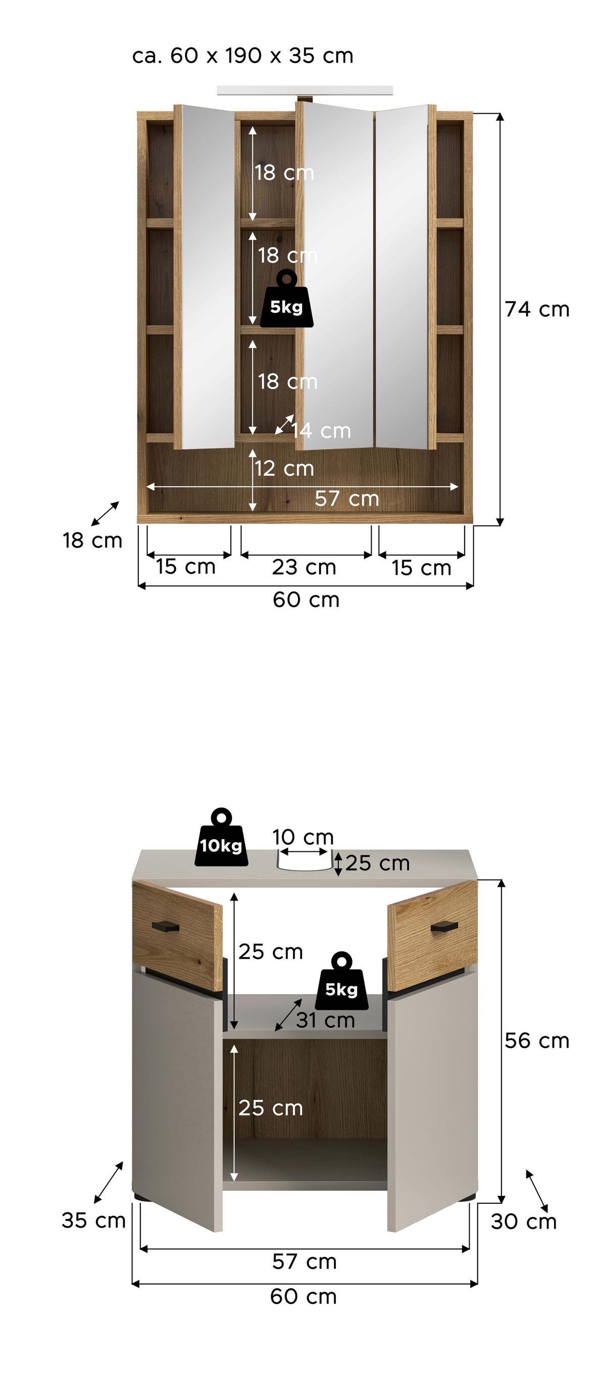Badezimmer Aqua Eichefarben/Kaschmir 2-teilig - Kaschmir/Eichefarben, Trend, Glas/Holzwerkstoff (60cm) - MID.YOU