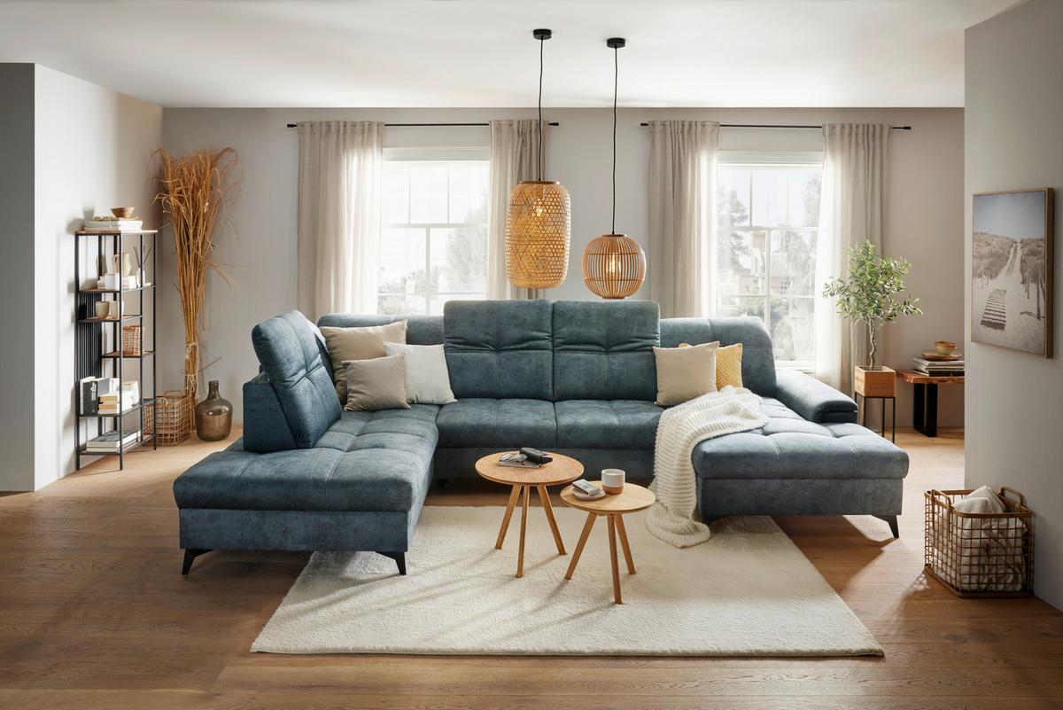 Wohnlandschaft Sierra in Dunkelblau - Blaugrau/Schwarz, MODERN, Textil/Metall (230/364/181cm) - Mömax