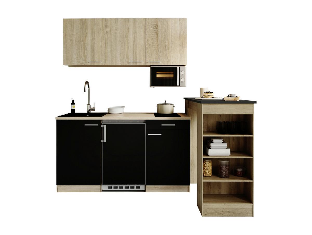Miniküche Ingrid m. Geräten ca. 150cm Schwarz - Eichefarben/Schwarz, Design, Holzwerkstoff/Kunststoff (150cm) - Respekta
