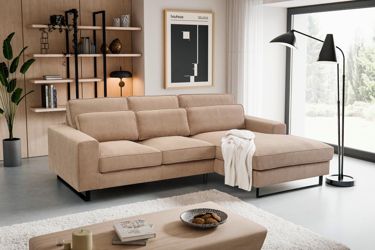 Ecksofa Bolivia Beige Cord - Beige/Schwarz, Basics, Holzwerkstoff/Textil (276/183cm) - MID.YOU