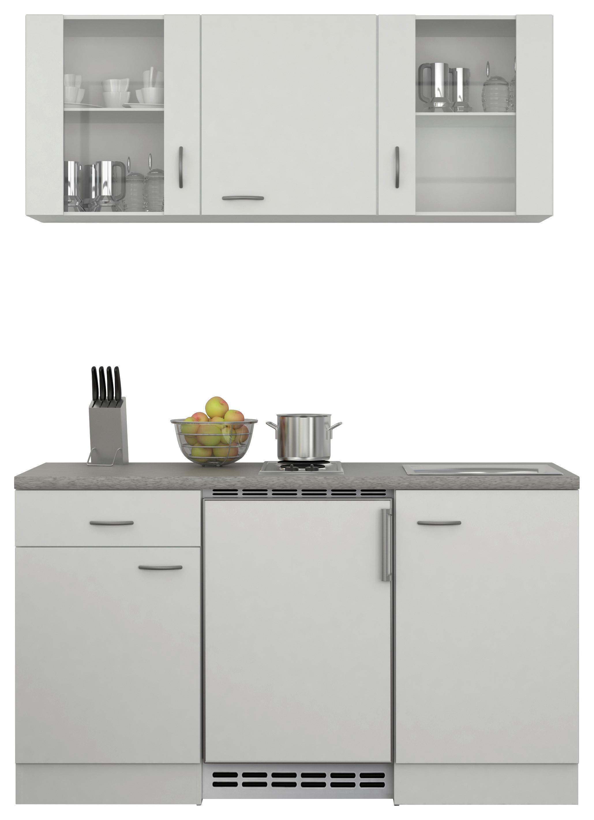 Miniküche Wito m. Geräten B: ca. 150cm Weiß/Grau - Edelstahlfarben/Hellgrau, MODERN, Glas/Holzwerkstoff (150,5cm) - FlexWell