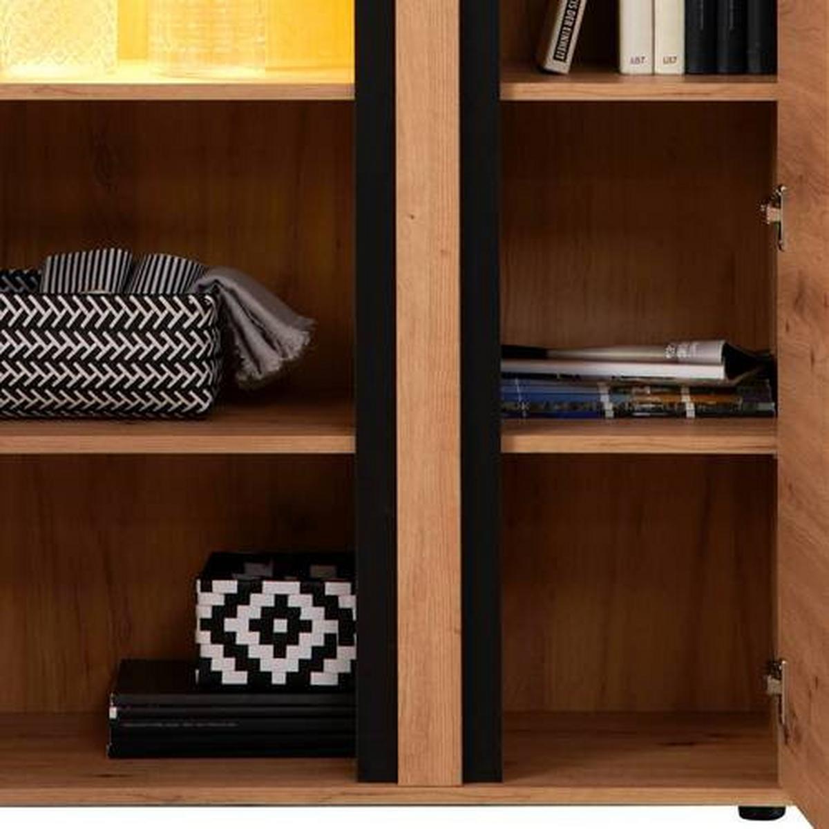 Vitrina Nyon - boje hrasta/crna, Moderno, staklo/drvni materijal (89/138,1/40,5cm) - Modern Living