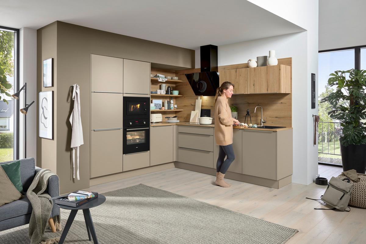 Eckküche Velutto/Manhattan ohne Geräte, ohne Zubehör - Edelstahlfarben/Eichefarben, MODERN, Holzwerkstoff/Metall (248,2/276,6cm) - Nolte Küchen