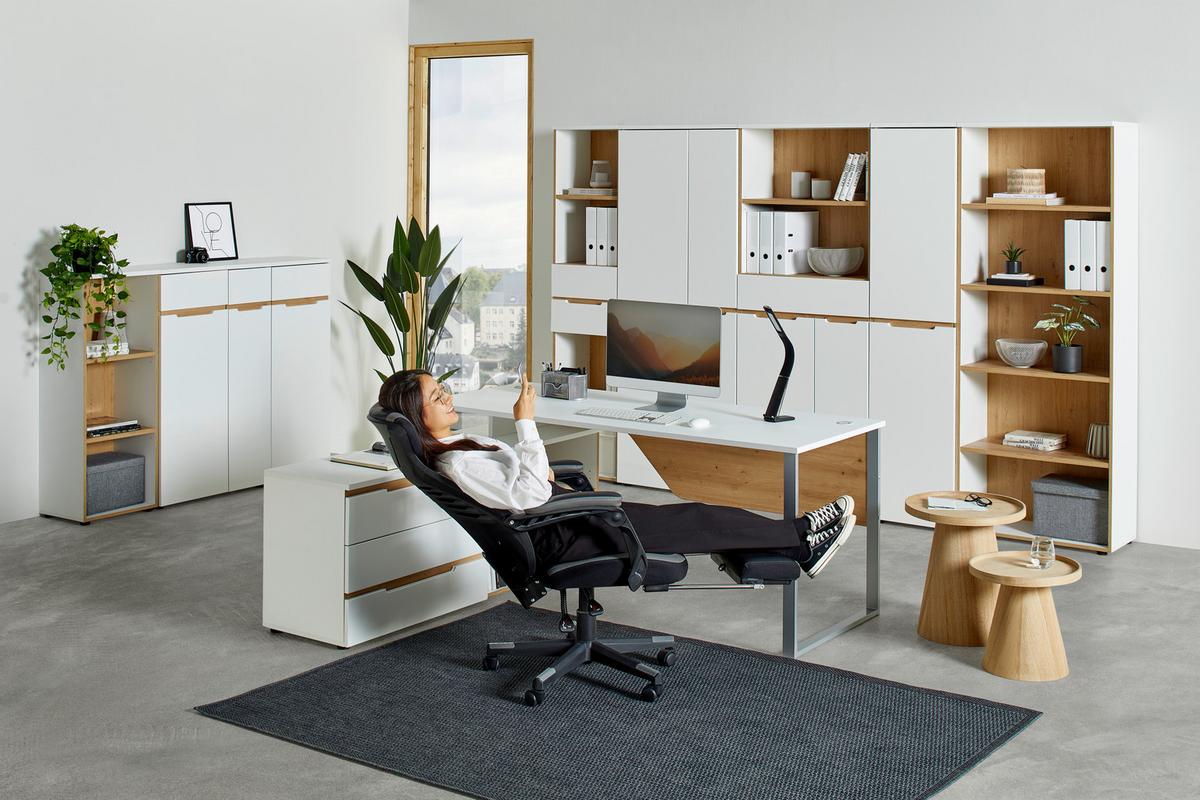 Eckschreibtisch Dallas Silber/Weiss/Eiche Artisan - Weiss/Silberfarben, Modern, Holzwerkstoff/Metall (180/77/160cm) - Mömax