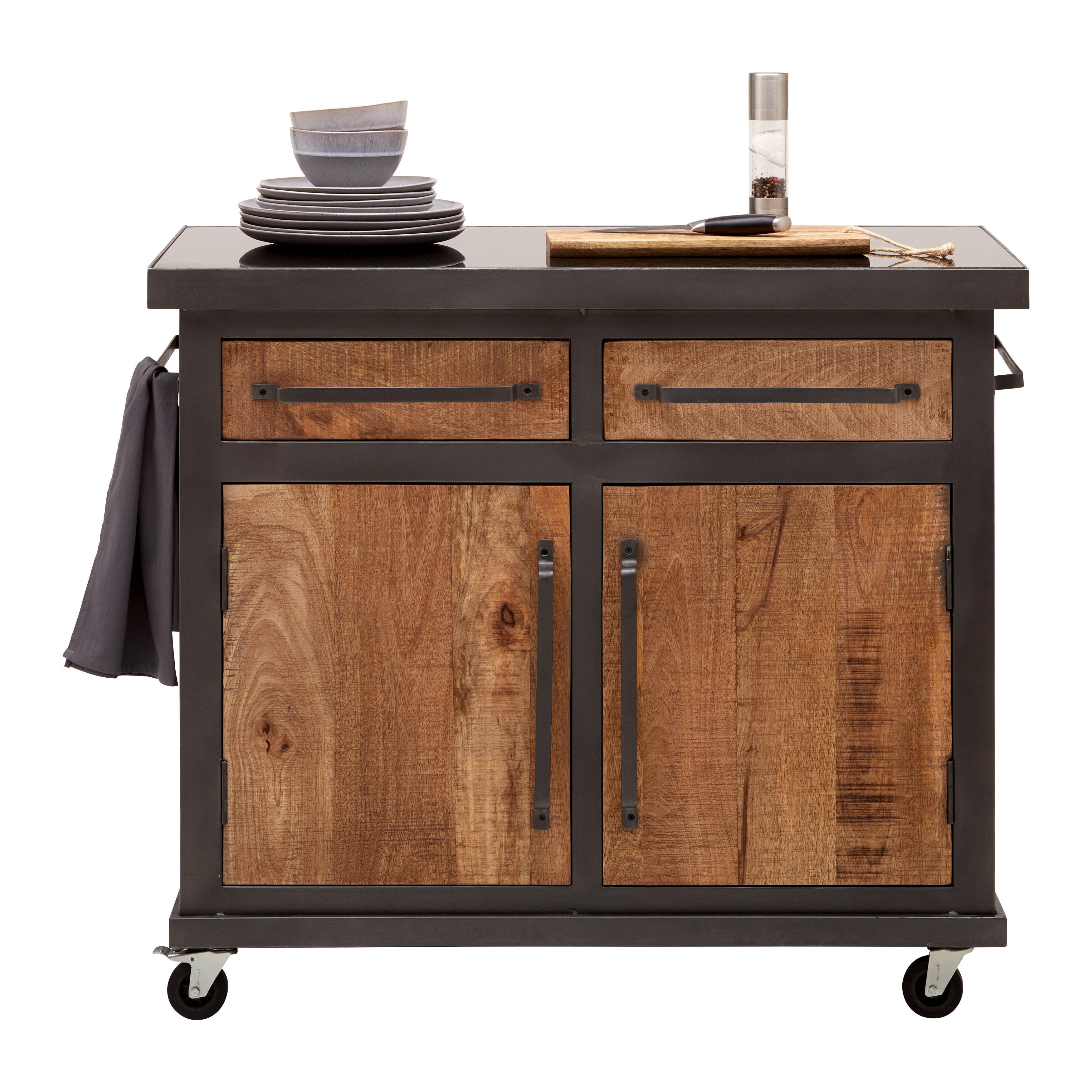 Kücheninsel Santosh, rollbar in Grau/Schwarz/Natur - Schwarz/Naturfarben, LIFESTYLE, Holz/Stein (107/94/58cm) - Zandiara