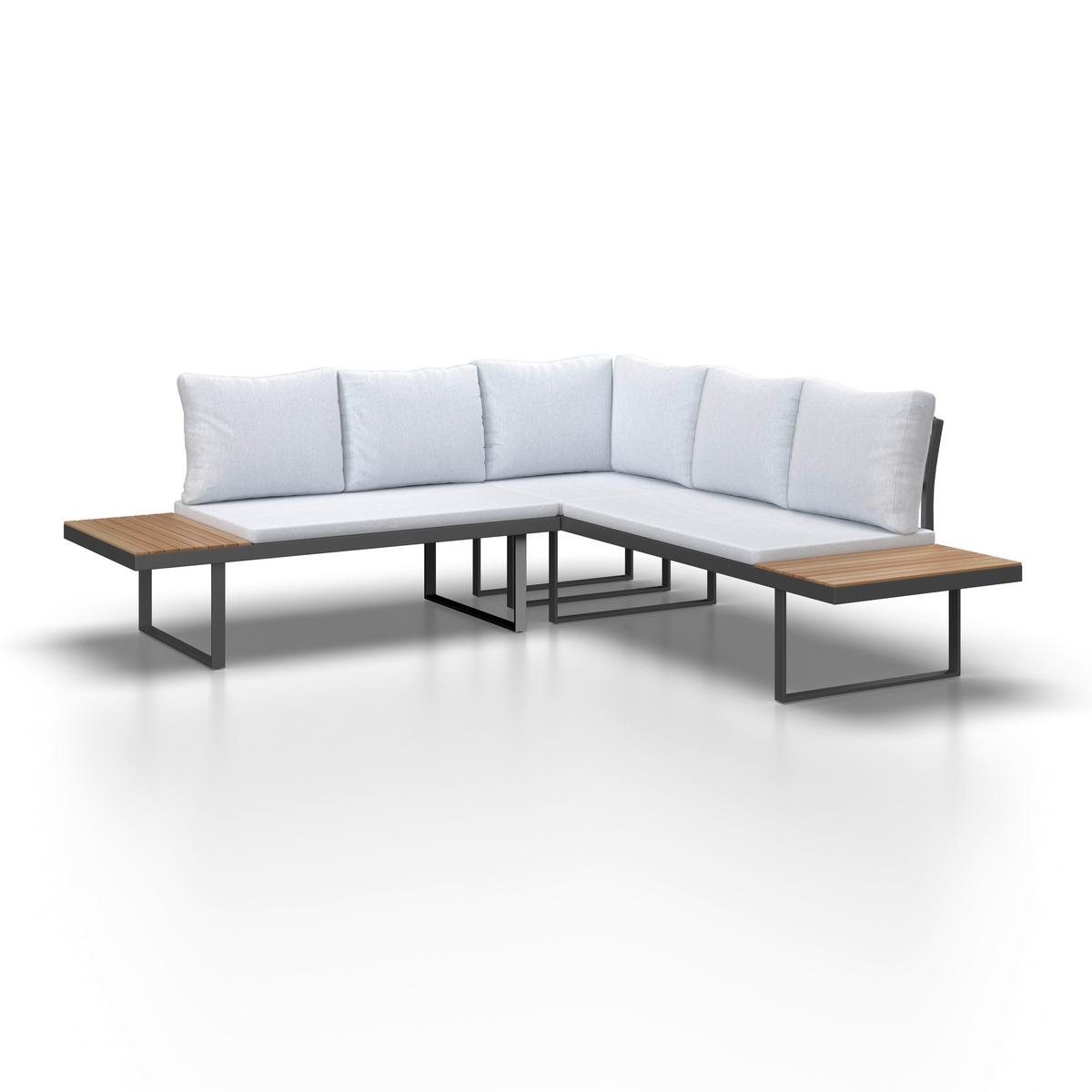 Loungegarnitur Elia Grau Outdoorstoff/Metall/Holz - Hellgrau, MODERN, Holz/Textil (236,5/75/236,5cm) - Bessagi Garden