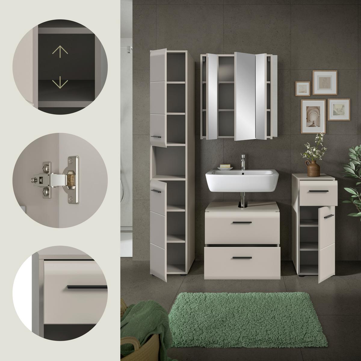 Badezimmer Ice Kaschmir 4-teilig - Kaschmir/Schwarz, Trend, Glas/Holzwerkstoff (120cm) - MID.YOU