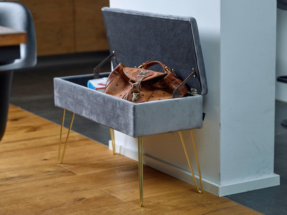 Hockerbank Scarlett Vlies Grau H: 42 cm inkl. Stauraum - Goldfarben/Grau, Design, Textil/Metall (75/42/30cm) - Echtwerk