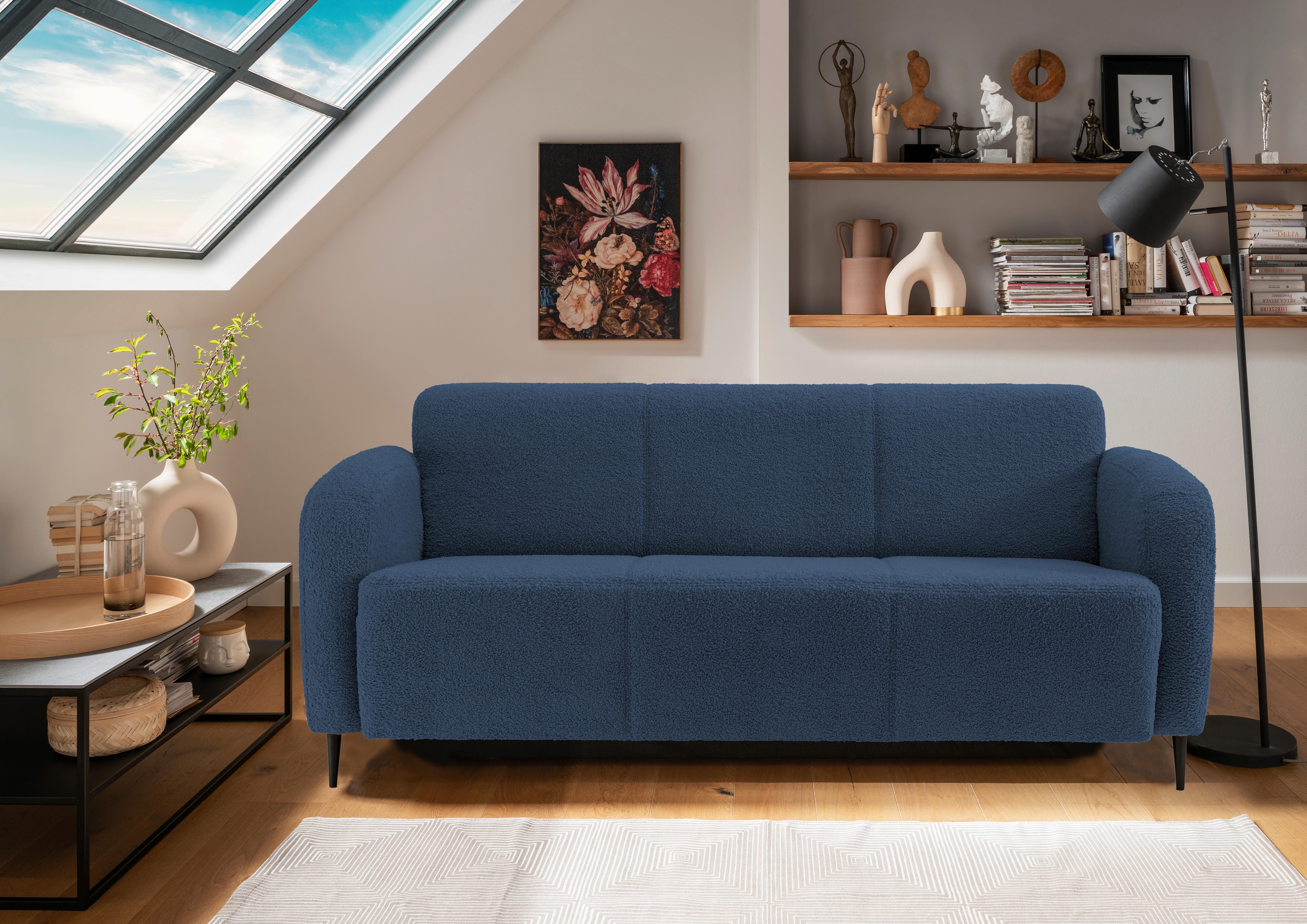 3-Sitzer-Sofa Marone Blau Teddystoff - Blau/Schwarz, MODERN, Textil/Metall (180/76/90cm) - Livetastic
