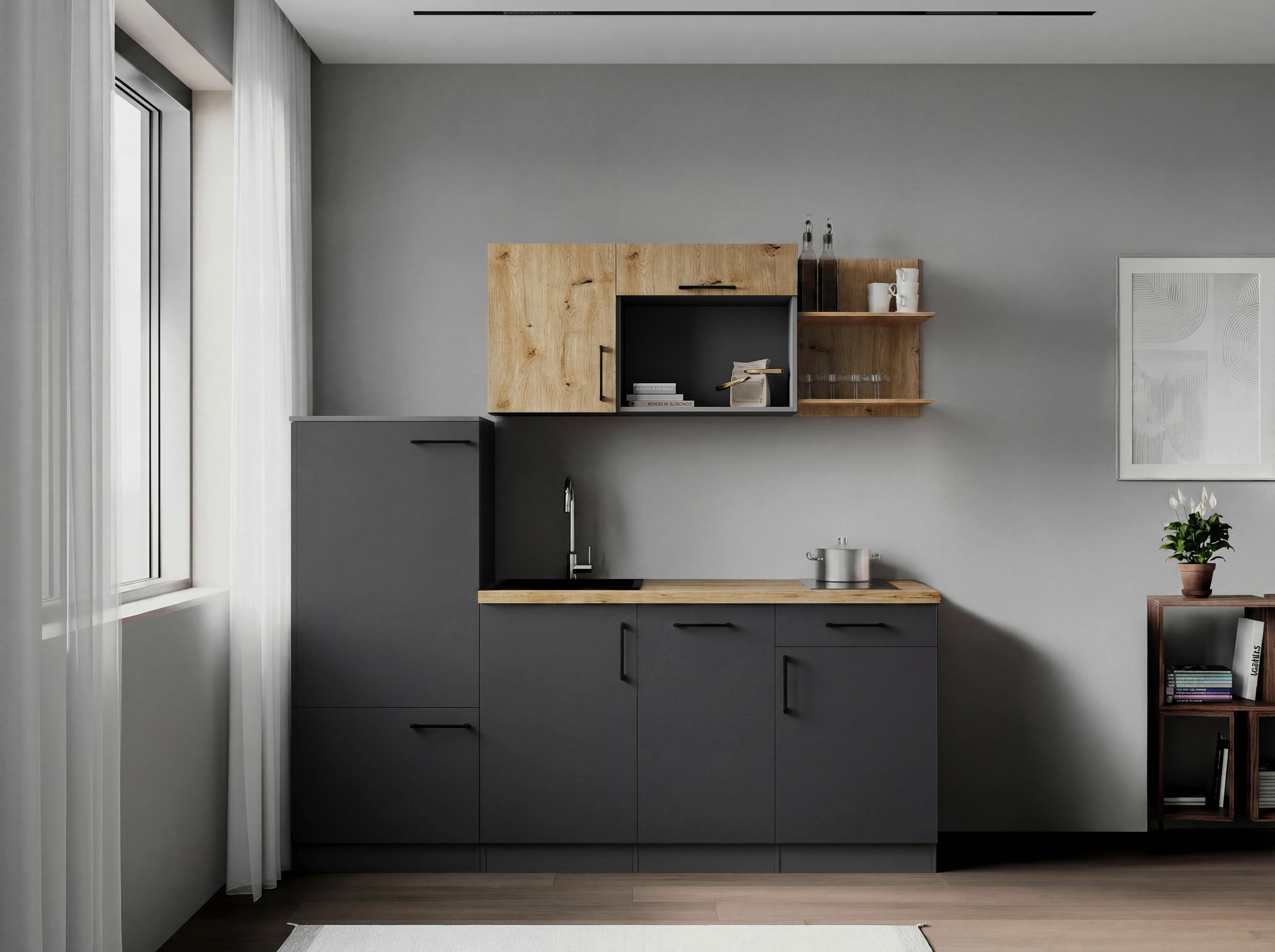 Küchenblock Oliver m. Geräten Grau - Eiche Artisan/Grau, Trend, Holzwerkstoff/Metall (205cm) - Respekta
